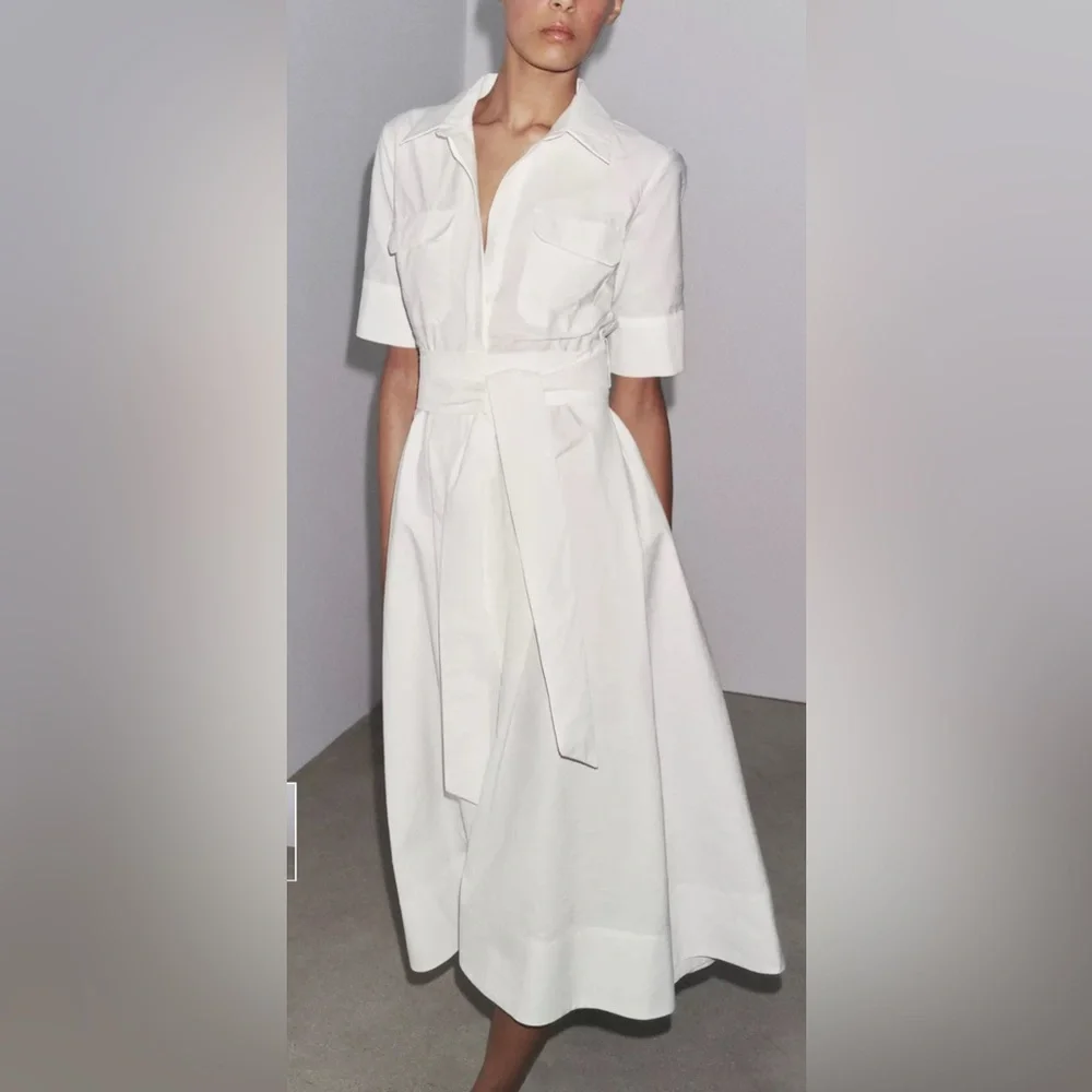 Zara White Midi Shirt Dress with Belt
